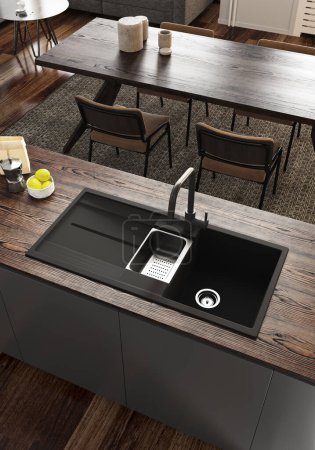 Photo for 3d Render of modern kitchen with wood floor and gray furnitures.  Wood countertop with black sink and steel faucet. Wood table and chairs. - Royalty Free Image