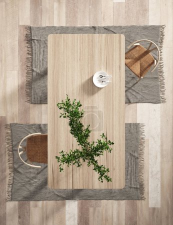 Téléchargez les photos : 3d Render de cuisine moderne avec plancher de bois, table et chaises avec plante. Vue de dessus. Éclairage doux naturel - en image libre de droit