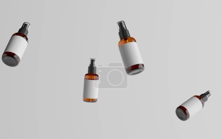 Amber Spray Bottle Mockup - Plusieurs bouteilles flottantes. Étiquette vierge. Illustration 3D