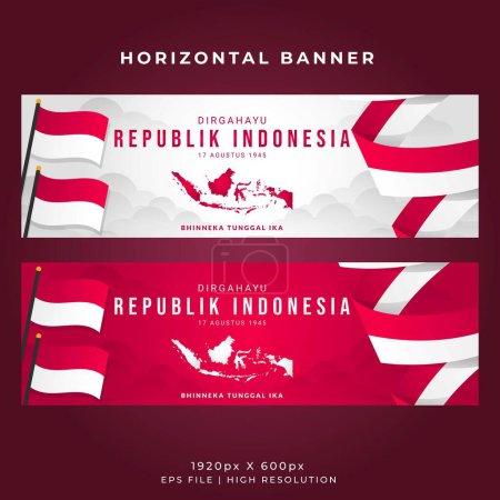 Téléchargez les illustrations : Modèle de bannière horizontale du jour de l'indépendance de l'Indonésie - Drapeau ondulé et cartes indonésiennes - en licence libre de droit