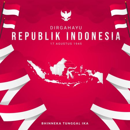 Téléchargez les illustrations : Illustration du jour de l'indépendance indonésienne dégradée modèle de médias sociaux avec drapeau ondulé et vecteur de cartes indonésiennes - en licence libre de droit