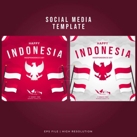 Téléchargez les illustrations : Illustration du jour de l'indépendance indonésienne dégradée modèle de médias sociaux avec drapeau ondulé et vecteur de cartes indonésiennes - en licence libre de droit