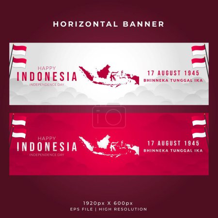 Téléchargez les illustrations : Modèle de bannière horizontale du jour de l'indépendance de l'Indonésie - Drapeau ondulé et cartes indonésiennes - en licence libre de droit