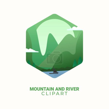 Téléchargez les illustrations : Montagne et rivière Illustration vectorielle Clipart Logo - Design inspiré de la nature et aventureux - en licence libre de droit