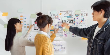 equipo de diseñador web UI UX están trabajando juntos para desarrollar sitios web móviles sensibles con UI UX front end designer previsualizaciones.