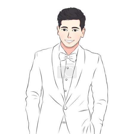 Photo for This captivating illustration features a suave gentleman wearing a neatly tailored tuxedo, radiating sophistication and style. With a charming smile, he exudes confidence and charisma. - Royalty Free Image