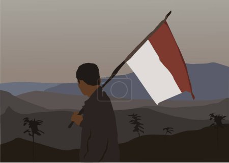 Téléchargez les illustrations : Cette illustration inspirante montre un jeune homme tenant le drapeau indonésien sur une portée, tout en regardant le paysage de montagne à couper le souffle. - en licence libre de droit