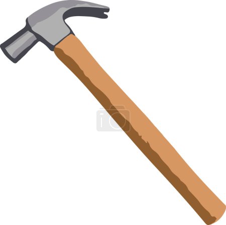 The gray hammer has a brown wooden handle.