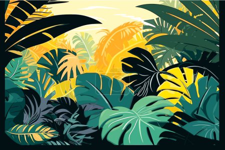 Téléchargez les illustrations : Un papier peint de conception matérielle représentant feuillage tropical vif. Inspiré par les œuvres de Douanier Rousseau - en licence libre de droit