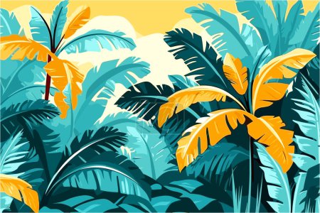Téléchargez les illustrations : Un papier peint de conception matérielle représentant feuillage tropical vif. Inspiré par les œuvres de Douanier Rousseau - en licence libre de droit