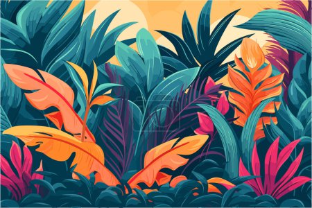 Ilustración de Un fondo de pantalla de diseño de material que representa el follaje tropical vívido. Inspirado en las obras de Douanier Rousseau - Imagen libre de derechos