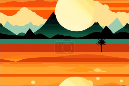 Téléchargez les photos : Un papier peint carrelage / matériau d'emballage design plat, inspiré par un paysage désertique au coucher du soleil - en image libre de droit