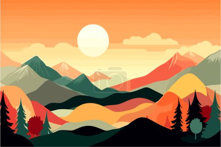 Foto de Un fondo de pantalla de diseño de material plano inspirado en un paisaje de montaña puesta de sol - Imagen libre de derechos