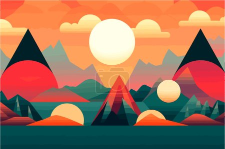 Téléchargez les photos : Un papier peint de conception de matériau plat inspiré par un paysage de montagne coucher de soleil - en image libre de droit