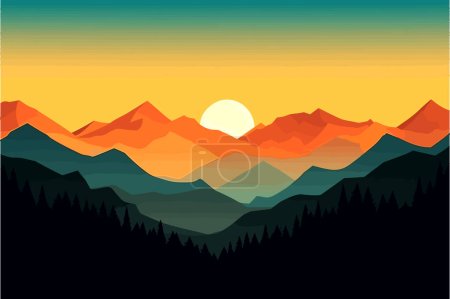 Téléchargez les photos : Un papier peint de conception de matériau plat inspiré par un paysage de montagne coucher de soleil - en image libre de droit
