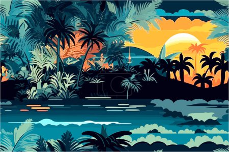Téléchargez les photos : Un papier peint de conception de matériau plat carrelage inspiré par un coucher de soleil tropical - en image libre de droit