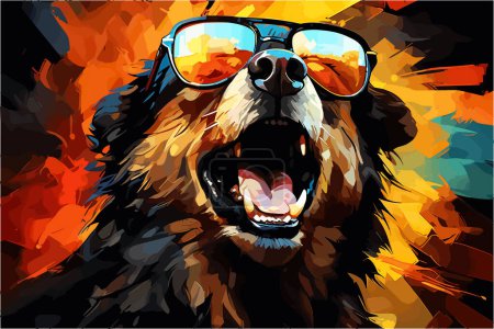 Téléchargez les illustrations : Crazy Dog vecteur capture un sujet canin dans un cadre tropical avec des lunettes de soleil réfléchissantes. Rendue en aquarelle numérique, la pièce présente des traits larges et dynamiques et des teintes estivales. - en licence libre de droit