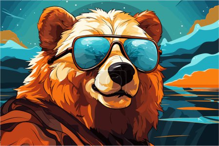 Téléchargez les photos : Cool Bear vecteur illustre un ours sujet dans un cadre tropical avec des lunettes de soleil réfléchissantes. Rendue en aquarelle numérique, la pièce présente des traits larges et dynamiques et des teintes estivales. - en image libre de droit