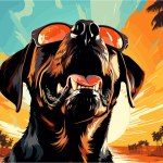Cool Dog vector features a canine subject in a tropical setting with reflective sunglasses. Rendered in digital watercolor, the piece exhibits broad, dynamic strokes and summery hues.