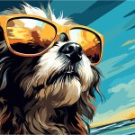 Cool Dog vector features a canine subject in a tropical setting with reflective sunglasses. Rendered in digital watercolor, the piece exhibits broad, dynamic strokes and summery hues.
