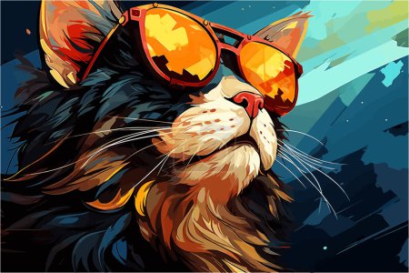 Cool Cat vector presents a feline subject in a tropical setting with reflective sunglasses. Rendered in digital watercolor, the piece exhibits broad, dynamic strokes and summery hues.