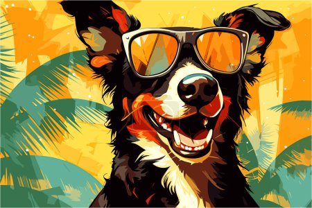 Téléchargez les photos : Cool Dog Vector présente un sujet canin dans un cadre tropical avec des lunettes de soleil réfléchissantes. Rendue en aquarelle numérique, la pièce présente des traits larges et dynamiques et des teintes estivales. - en image libre de droit