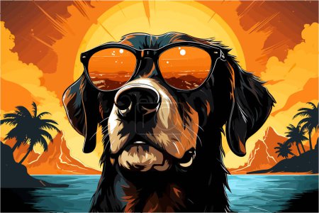 Téléchargez les photos : Cool Dog Vector présente un sujet canin dans un cadre tropical avec des lunettes de soleil réfléchissantes. Rendue en aquarelle numérique, la pièce présente des traits larges et dynamiques et des teintes estivales. - en image libre de droit