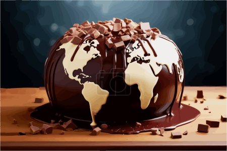 Feiern Sie den Weltschokoladentag mit diesem schmelzenden Chocolate Earth Vektor, der eine surreale Darstellung des Planeten Erde in schmelzender Schokolade zeigt. Gerendert in einem leicht surrealen digitalen Aquarellstil mit flachen Farben.