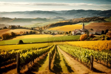 Téléchargez les illustrations : Beau verger européen automnal et paysage viticole - en licence libre de droit