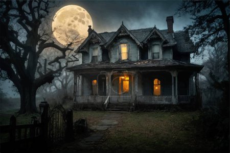 Ilustración de Gráficos de Halloween. Espeluznante casa embrujada abandonada en la noche con luna llena - Imagen libre de derechos