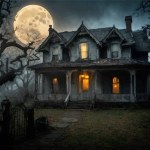Halloween Graphics. Creepy haunted derelict house at night with full moon
