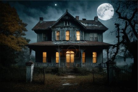 Téléchargez les illustrations : Halloween Graphics. Creepy maison hantée abandonnée la nuit avec pleine lune - en licence libre de droit