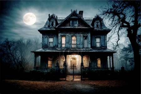 Ilustración de Gráficos de Halloween. Espeluznante casa embrujada abandonada en la noche con luna llena - Imagen libre de derechos