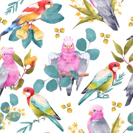 Cockatoo Parrot seamless pattern with eucalyptus leaves and flowers on white background. Australian animal and plant hand drawn illustration for fabric, wrapping paper, wallpaper, textile, apparel