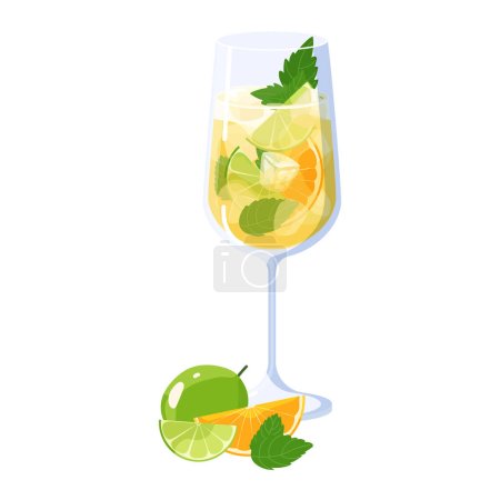 Hugo spritz cocktail with lime, orange slice and mint leaves vector isolated on white background. Summer Alcohol drink Italian aperitif with liqueur, prosecco, ice cubes and sparkling soda water