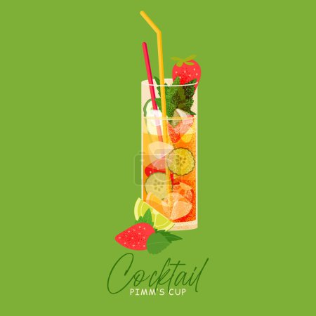 Illustration for Pimm's cup cocktail with cucumber slice, strawberry, mint and ice cube isolated on green background. Summer Alcoholic drink based on citrus, cucumber, ale, liqueur and gin. Vector illustration - Royalty Free Image