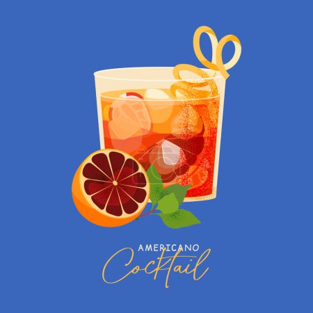 Illustration for Cocktail americano isolated on blue background. Classic beverage based on citrus, vermouth and soda water. Summer Alcoholic Drink - Royalty Free Image