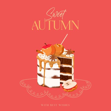 Illustration for Autumn Greeting card with caramel apple cake on red background. Sweet autumn quote. Print as a card or a cozy poster. Autumn, thanksgiving day, cozy season flat illustration - Royalty Free Image