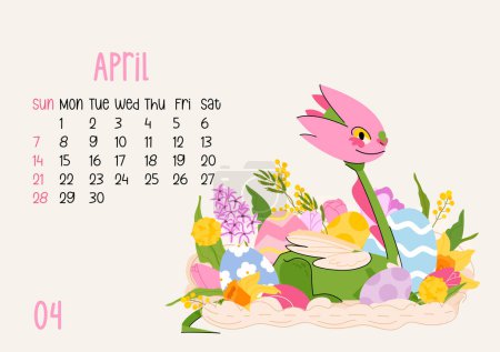 Illustration for Horizontal calendar page for April 2024 with Easter dragon. Isolated on beige background. The symbol of the year of dragon. Week starts on Sunday. Vector illustration cartoon character - Royalty Free Image