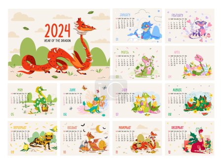 Dragon calendar 2024. Isolated on beige background. Bright colorful cover and 12 months pages with seasonal flat vector cute illustrations A5. Week starts on Sunday