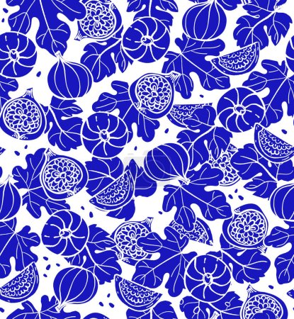 Illustration for Seamless pattern fig fruit and leaves in toile de Joey style. Outlined blue color vector illustrations on white background for branding, package, fabric and textile, , menu cover, wrapping paper - Royalty Free Image