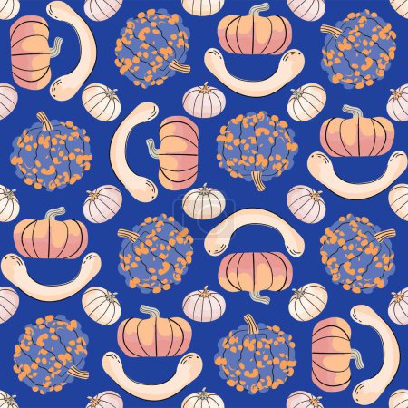 Téléchargez les photos : Citrouille motif vectoriel sans couture sur fond bleu. Action de grâces d'automne, illustration d'Halloween à imprimer, papier d'emballage, tissu, papier peint - en image libre de droit