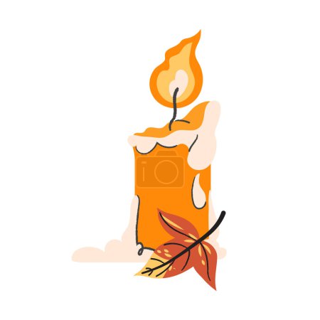 Téléchargez les photos : Bougies orange brûlantes avec feuille d'automne isolée sur fond blanc. Halloween Thanksgiving carte vecteur plat illustration - en image libre de droit