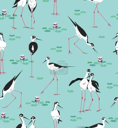Téléchargez les illustrations : Bird Stilt Mignon motif sans couture avec des nénuphars. Illustration vintage vectorielle des zones humides sur fond bleu - en licence libre de droit