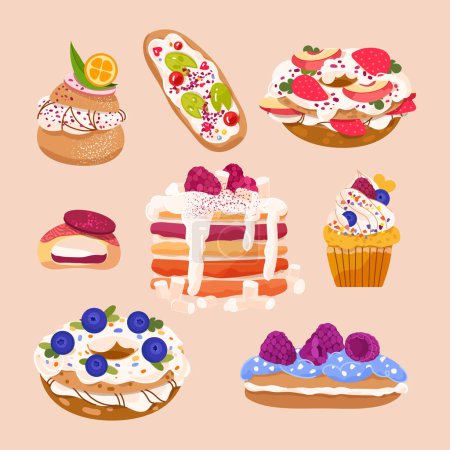 Illustration for Yummy cream puff vector set with fruits. Sweet clair, Shu cake, cupcake, profiterole, pastry sweets illustration - Royalty Free Image