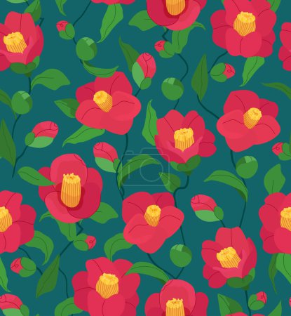 Rote Kamelienblüten mit Blättern und nahtlosem Vektormuster auf grünem Hintergrund. Florale flache Illustration für Branding, Verpackung, Stoff und Textilien, Packpapier