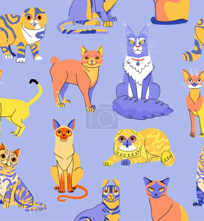 Illustration for Cat seamless vector pattern on blue background. Cute pet flat style illustration for branding, package, fabric and textile, wrapping paper - Royalty Free Image
