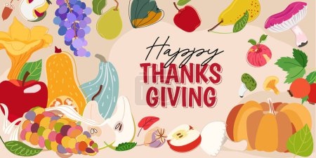 Téléchargez les photos : Joyeux Thanksgiving bannière de jour avec des feuilles d'automne, citrouille, pomme, poire, champignon, maïs, raisin et gland. Conception pour les médias sociaux, email, flyer, dépliant, newsletter, pancarte. - en image libre de droit