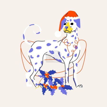 Ilustración de Lindo perro dálmata aislado sobre fondo beige. Estilo vectorial ilustración de dibujos animados planos. Tarjeta de felicitación de Navidad brillante - Imagen libre de derechos