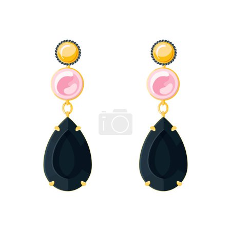 Illustration for Golden earrings with pink pearl and black gemstone on a white background. Vector illustration jewelry accessories - Royalty Free Image